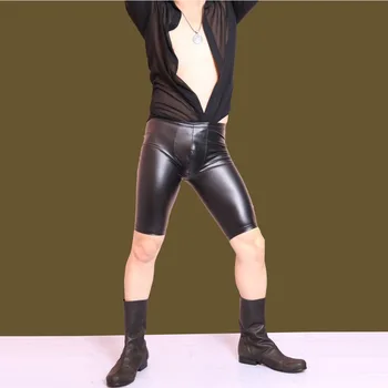 Hombres Sexy Salvaje de PVC Imitación de Cuero de Cinco punto Pantalones Ajustados pantalones Cortos de Boxeador Wetlook Clubwear Suspensorio Fetiche del Gay de Desgaste de lencería Erótica