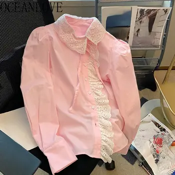 OCEANLOVE Rosa, Mujer Blusas de Encaje Patchwork Volantes Dulce Primavera a Otoño Camisetas coreano de la Moda Suelta de Manga Larga Blusas Mujer