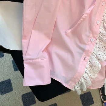 OCEANLOVE Rosa, Mujer Blusas de Encaje Patchwork Volantes Dulce Primavera a Otoño Camisetas coreano de la Moda Suelta de Manga Larga Blusas Mujer